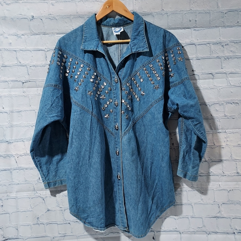 90s Womens Bedazzled Chambray M Button Top Grannycore 80's Bling Goldbergs Bingo